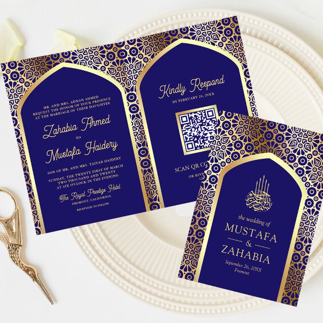 Convite Azul Real Arco Persa Código QR Casamento Muçulmano (Criador carregado)