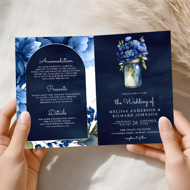 Convite Azul Real Floral Jarro de Mason Código QR Casament (Criador carregado)