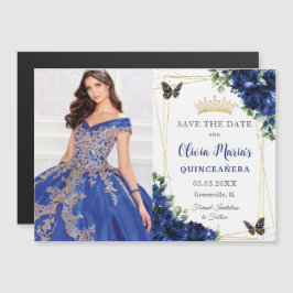 Convite Azul Real Floral Quinceañera Foto Salva a Data