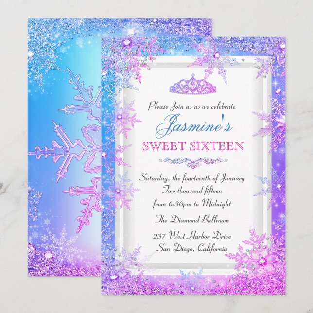 Convite Azul Rosa Roxo para Festa Sweet 16 no Inve (Frente/Verso)