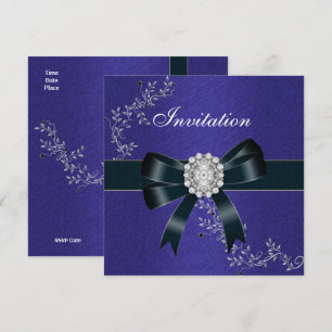 Convite Azul Royal Diamante Jóia Laço Preto