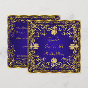 Convite Azul Royal Dourado Elegante Sweet 16