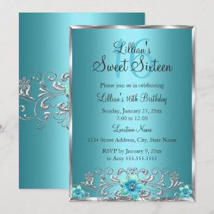 Convite Azul Teal Prata Floral Swirl Sweet 16