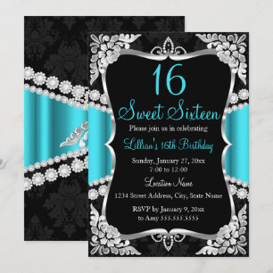 Convite Azul Turquesa Prata Preto Tiara Sweet 16