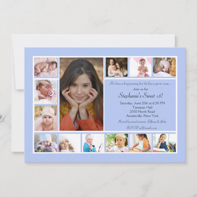 Convite azul vertical 2 da foto da colagem de 13 (Frente)