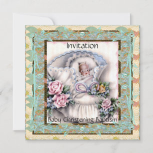 Convite Baby Christening Baptism Teal Vintage