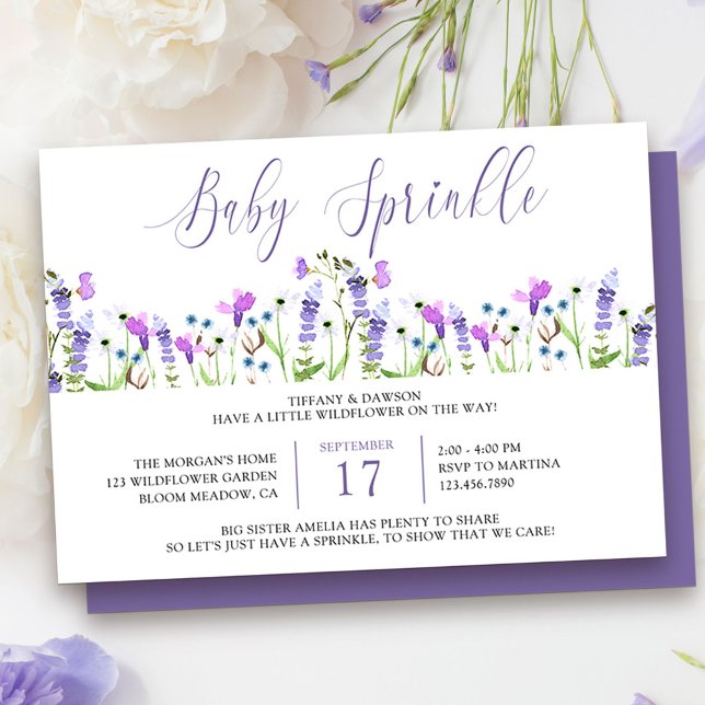 Convite Baby Sprinkle Flor Silvestre Roxa Bonita (Baby Sprinkle Baby Shower Invitation from my Purple Wildflower Collection.
)