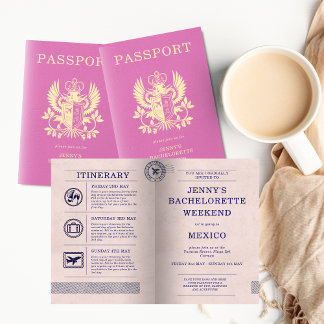 Convite Bachelorette Hen Party Pink Passport Itinerary