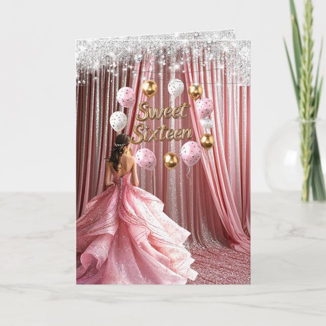 Convite Balões de Glitter Rosa Dourado Sweet 16 (Frente)