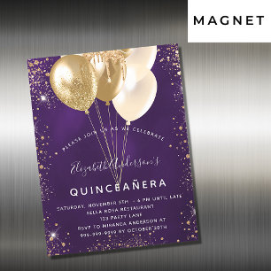 Convite Balões de ouro roxo de quinceanera luxo