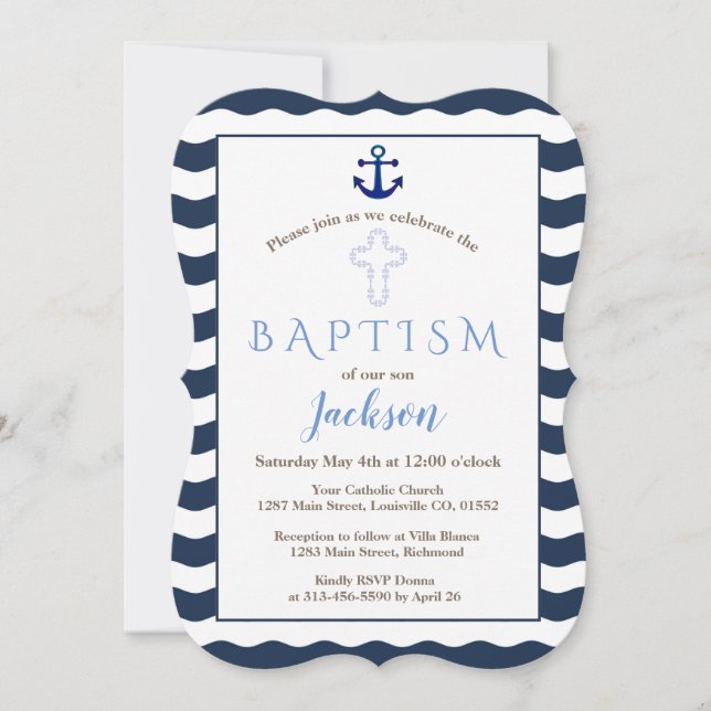 Convite Baptism | Âncora de ondas Marinhos náutica (Frente)