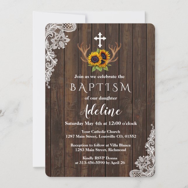 Convite Baptism | Boho Sunflower Antlers Lace (Frente)