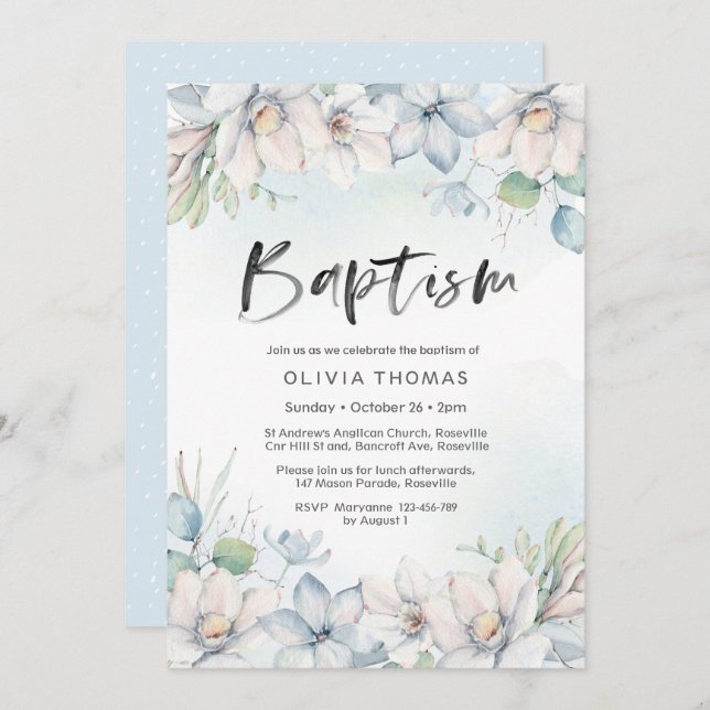Convite Baptism | florais azuis (Frente/Verso)