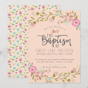 CONVITE BAPTISM LDS   Menina Floral Rosa Elegante