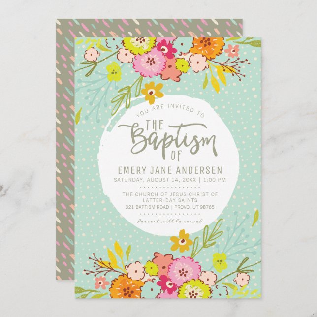 CONVITE BAPTISM LDS | Modern Bright Floral Girl (Frente/Verso)