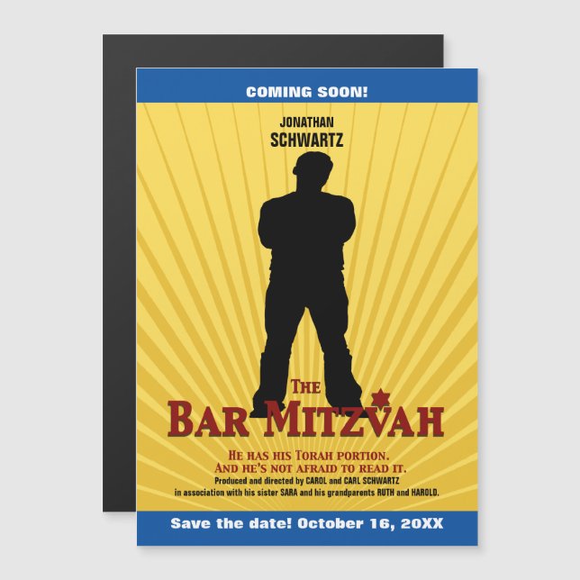 Convite Bar do Movie Star Mitzvah Salve a data azul amarel (Frente/Verso)
