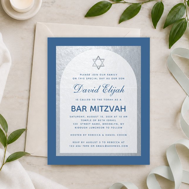 Convite Bar Mitzvah Clássico Azul Prata Econômico (Criador carregado)