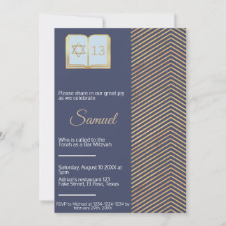 Convite Bar mitzvah: design azul e ouro