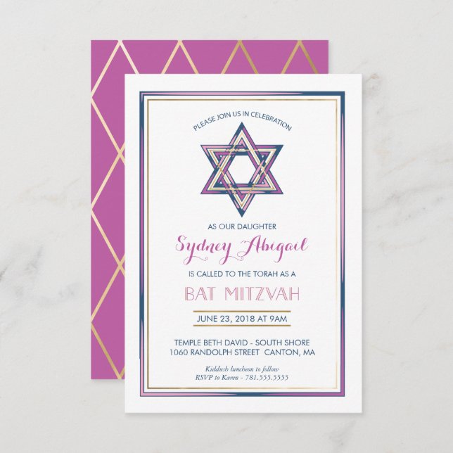 Convite Bat Mitzvah - Estrela de David com Dourado (Frente/Verso)