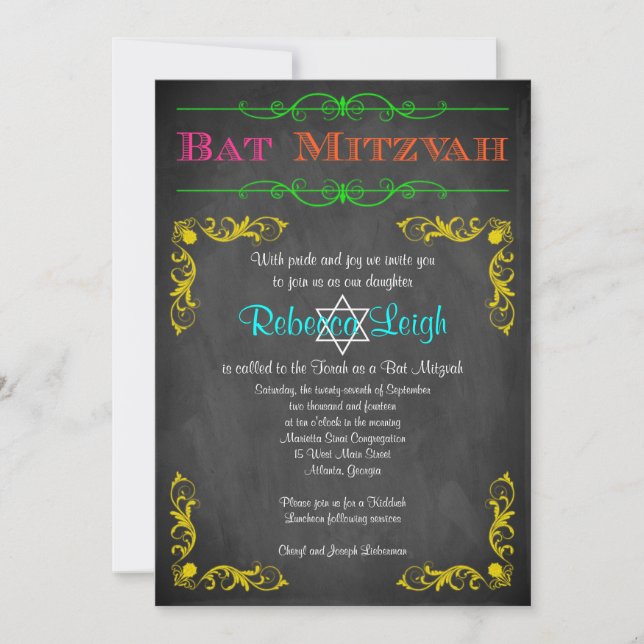 Convite Bat Mitzvah | Neon Chalkboard (Frente)