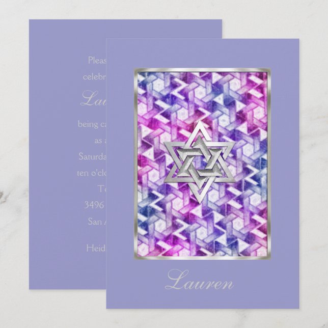 Convite Bat Mitzvah Star de David Damask (Frente/Verso)