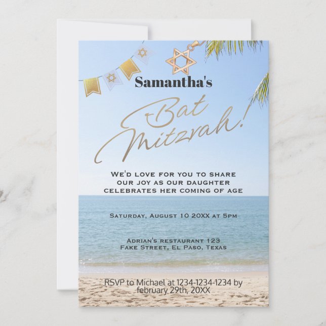 Convite Bat mitzvah: tema Praia, QR (Frente)