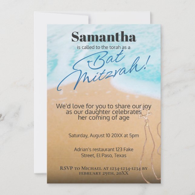 Convite Bat mitzvah: tema Praia, QR (Frente)