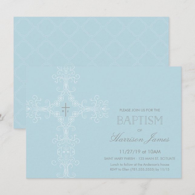 Convite Batismo do Baby Boy com Cruz, Iniciais (Frente/Verso)