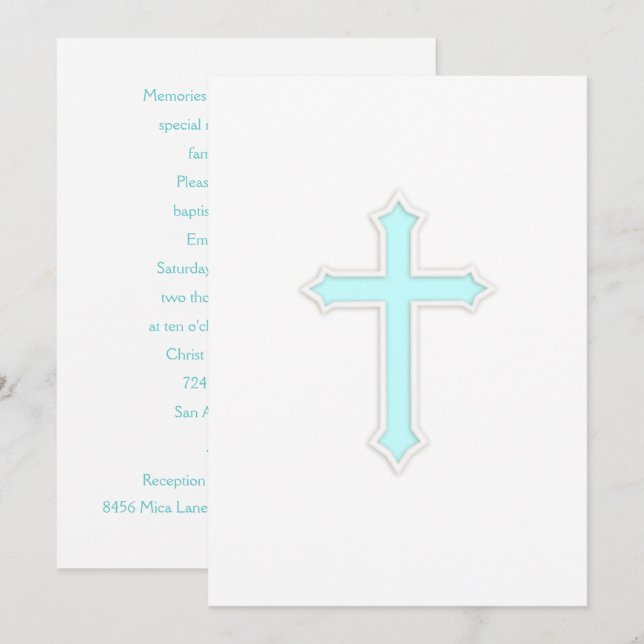 Convite Batismo "Embossed" Cross Aqua (Frente/Verso)
