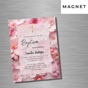 Convite Batismo flores cor-de-rosa pinceladas bebê luxo