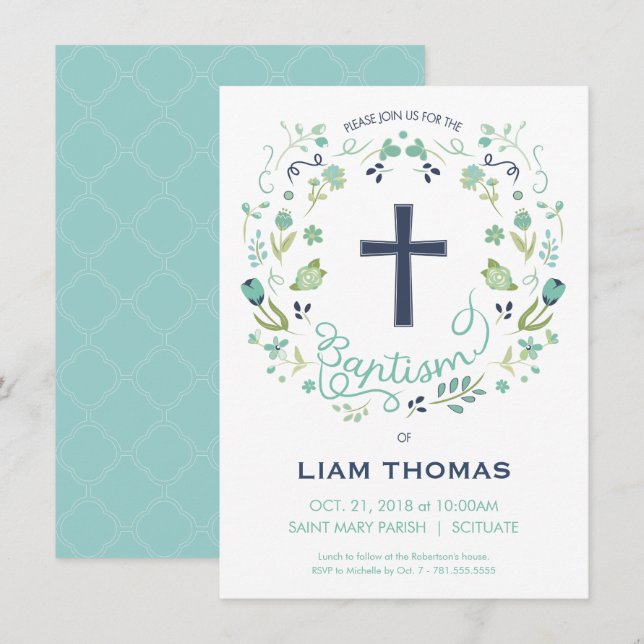 Convite Batismo - Menino - Personalizar - com Cruz (Frente/Verso)