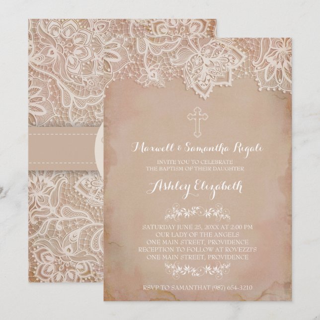 Convite Batismo, Rapariga, Rosa Vintage (Frente/Verso)