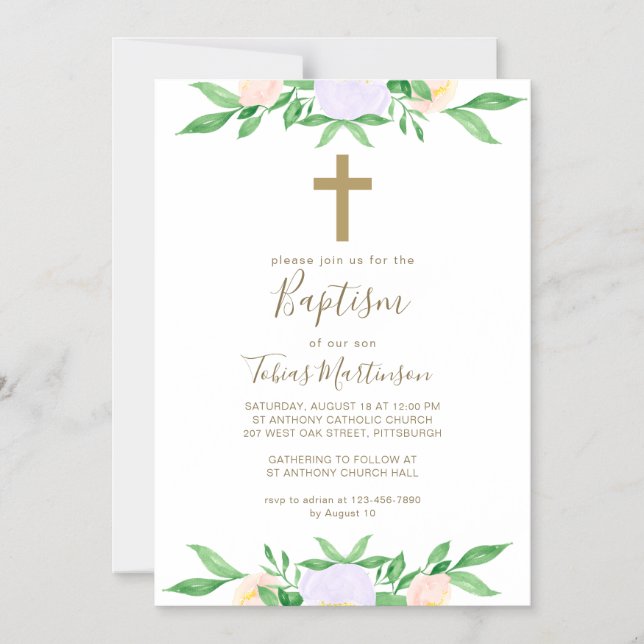 Convite Batismo Simples Floral com Cruz (Frente)