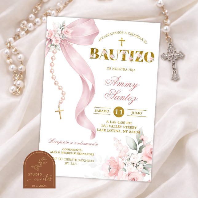 Convite Bautizo Rosário Coquette Laço Rosa Bege El (Criador carregado)