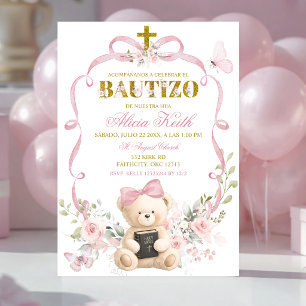 Convite Bautizo Urso Coquette com Laço Floral Rosa