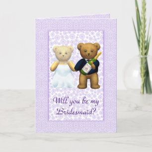 Convite Be my Bridesmaid Lilac Teddy bear couple invite