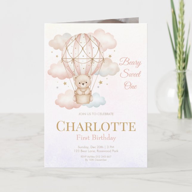 Convite Beary Sweet Hot Air Balloon 1st Birthday Photo (Frente)