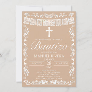 Convite Beige Papel Picado Espanhol Bautizo