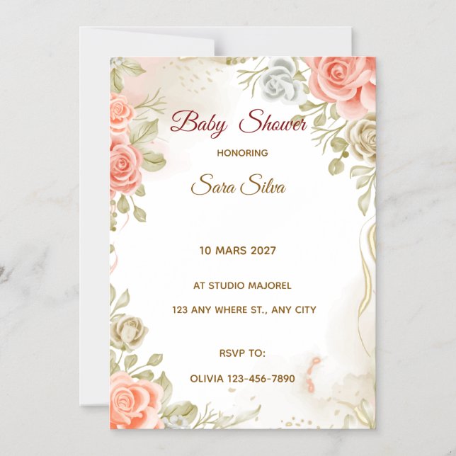Convite Beige Studded By Flowers Baby Shower Invitation (Frente)