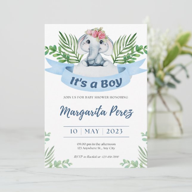 Convite Bem-vindo Ilustração de Elefante Baby Boy (Em pé/Frente)