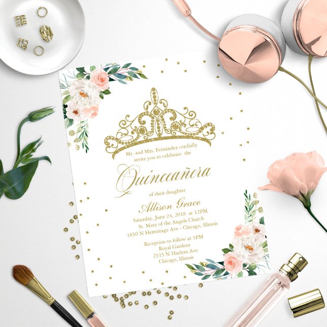 Convite Bilingue de Quinceanera com Tiara dentro d (Criador carregado)