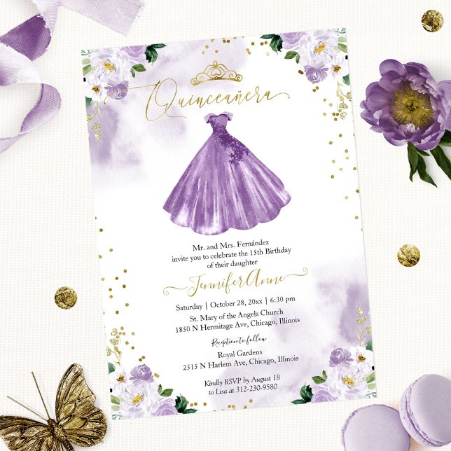 Convite Bilingue de Quinze Anos com Floral Roxo (Criador carregado)