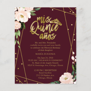 Convite Bilingue de Quinze Anos Vermelho Escuro Or