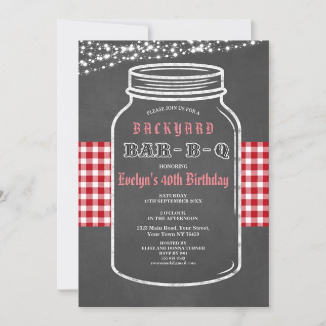 Convite Birthday BARBEQUE Mason Jar Red Gingham (Frente)