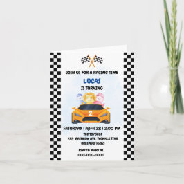 Convite Birthday Dinosaur, corrida de carros, garotinho ve