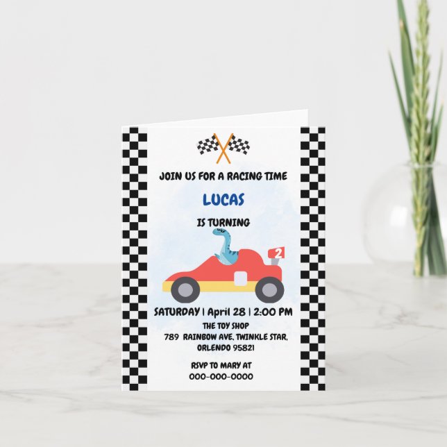 Convite Birthday Dinosaur, corrida de carros, garotinho ve (Frente)