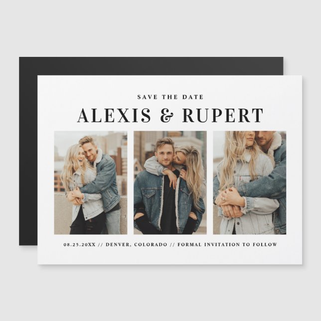 Convite Black Bold Typography Three Photo Save the Date (Frente/Verso)