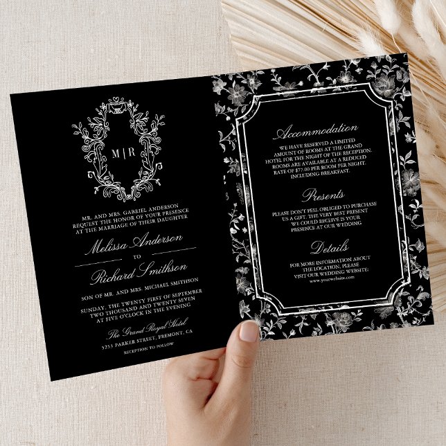 Convite Black Chinoiserie Crest QR Code Wedding (Criador carregado)