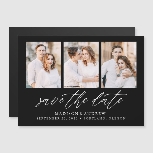 Convite Black Elegant Script 3 Foto Colagem Save the Date (Frente/Verso)