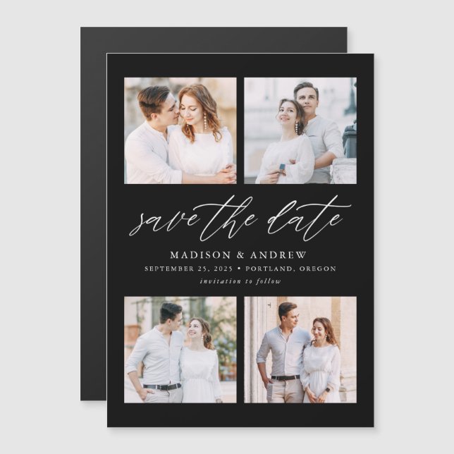 Convite Black Elegant Script 4 Foto Colagem Save The Date (Frente/Verso)
